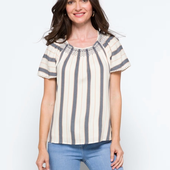 Mallory Embroidered top Daniel Rainn Blue White Stripe XL - Picture 1 of 5